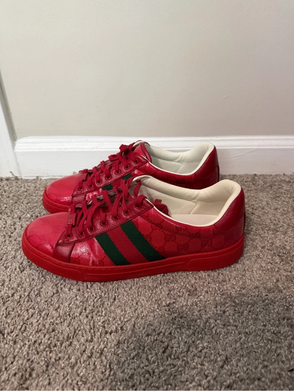 Gucci Red Leather Sneakers with Green Web Detail